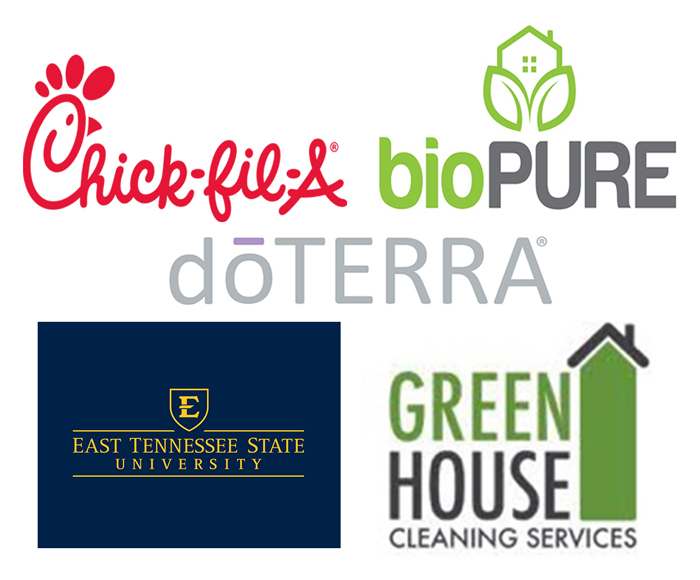 Chick-fil-A logo, bioPure logo, doTerra logo, East Tennessee State University logo, Green House logo